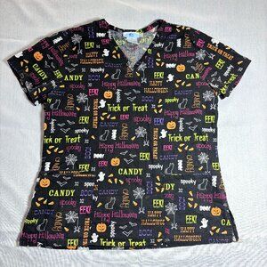 Women's SB Scrubs Halloween Medium Scrub Top Shirt V Neck Medical Fun Colorful